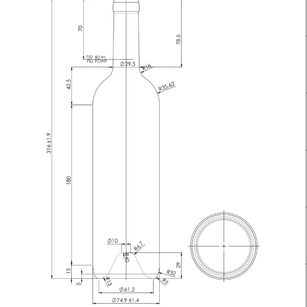 BOTTLE 0.750L BORDEAUX EUROPEA GEM FLINT _ GREEN CORK